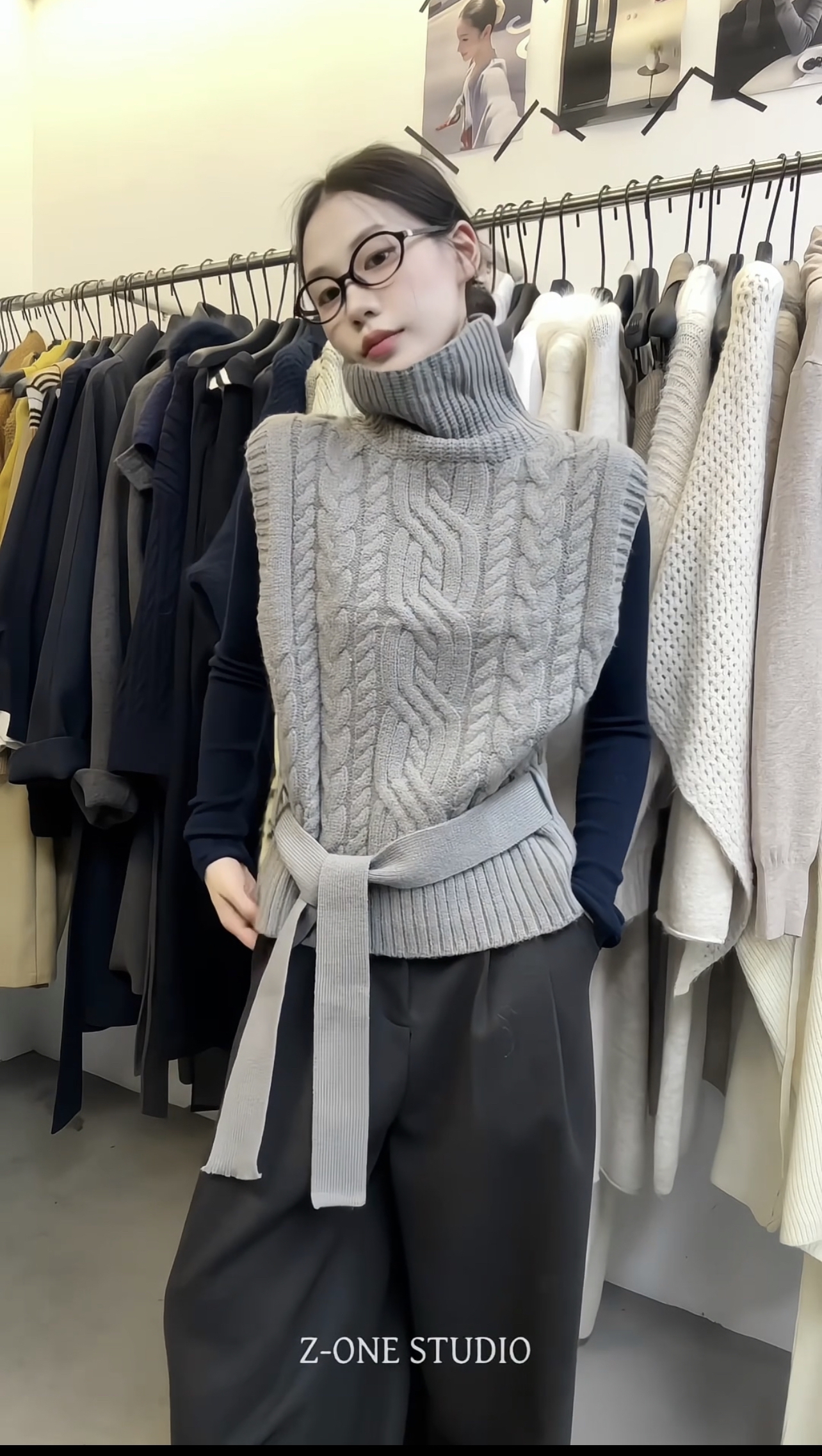 z-one十三行冬温柔风高领麻花小飞袖针织马甲女宽松显瘦百搭上衣