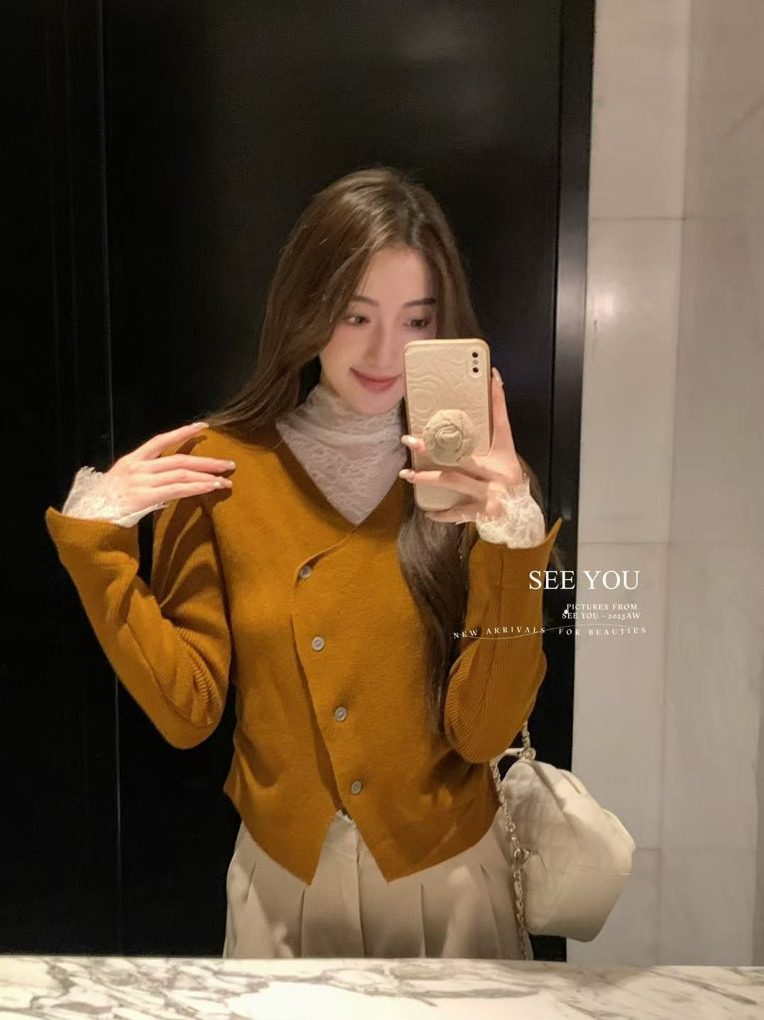 SEE YOU 十三行冬韩系欧尼蕾丝拼接假两件显瘦打底针织开衫上衣女