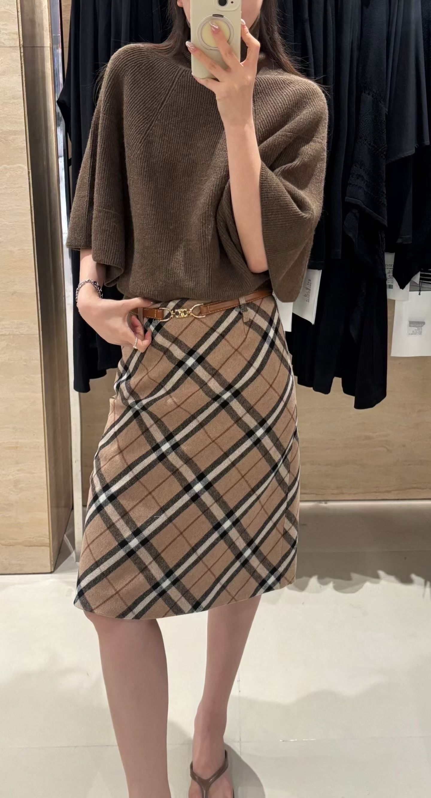 CICI CLEAN时髦撞色卡其格纹呢料半身裙女秋冬气质百搭显瘦中裙子
