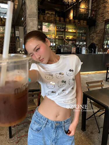z-one十三行26夏卡通kt猫印花圆领短正肩袖T恤女修身显瘦百搭上衣