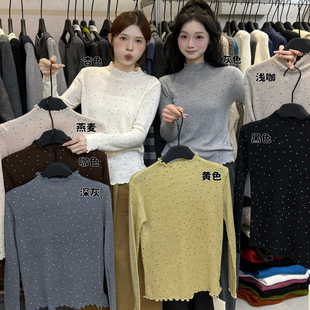 VI+唯一家十三行春季百搭波点半高领长袖T恤女显瘦针织打底衫上衣