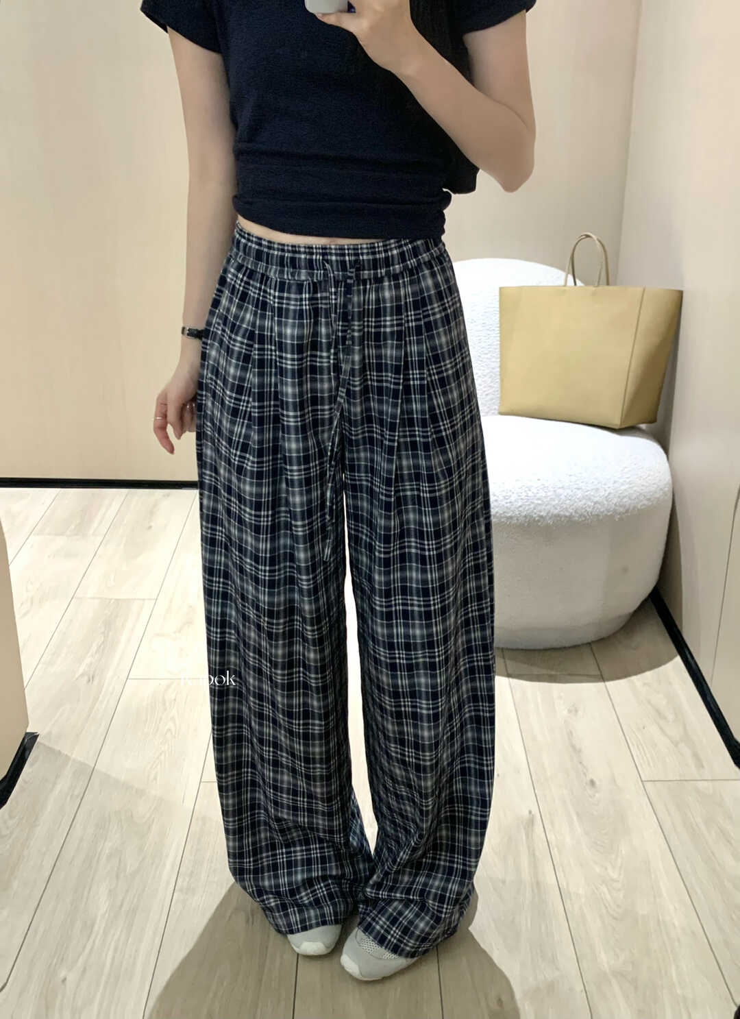 KAPOK 十三行2025早秋设计感复古格子松紧腰慵懒风休闲百搭长裤女