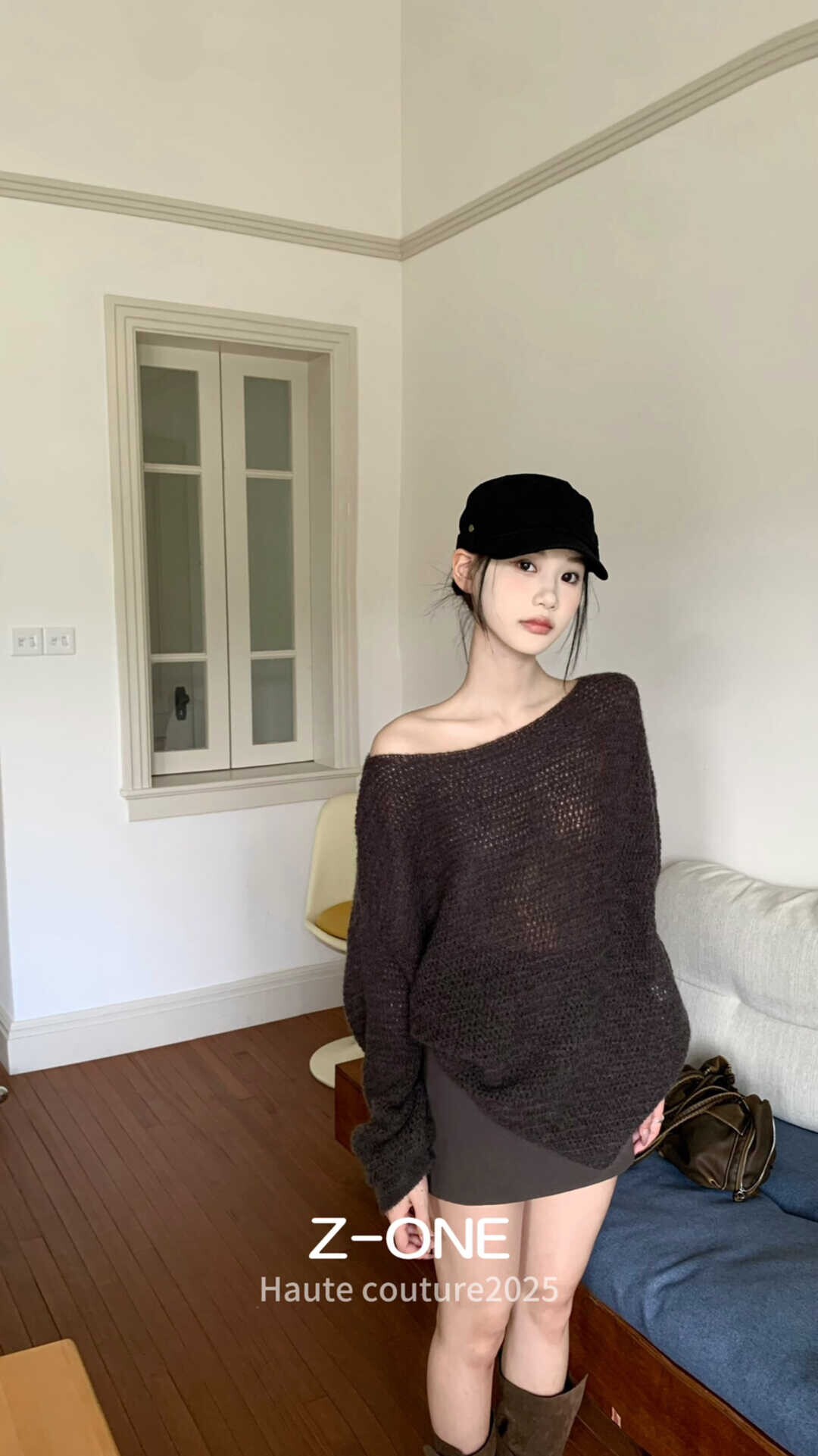 Z-ONE韩系辣妹风复古露肩宽松百搭显瘦保暖毛衣女长袖针织衫上衣
