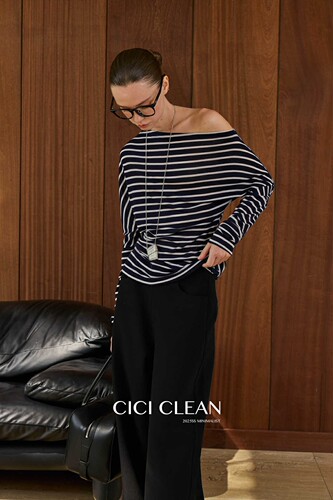 CiCi CLEAN十三行2026新款天丝百搭条纹一字肩长袖T恤女防晒上衣