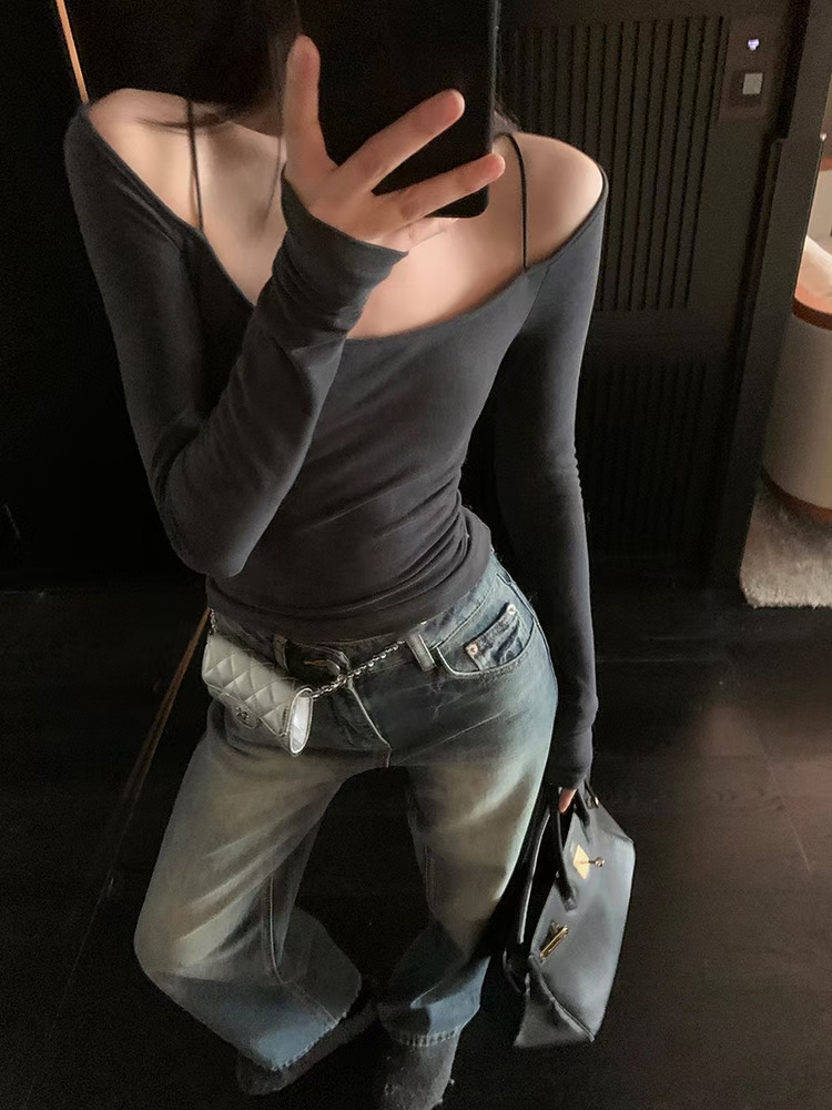 SYC十三行早秋新款带肩带长袖T恤女修身内搭打底衫辣妹一字肩上衣