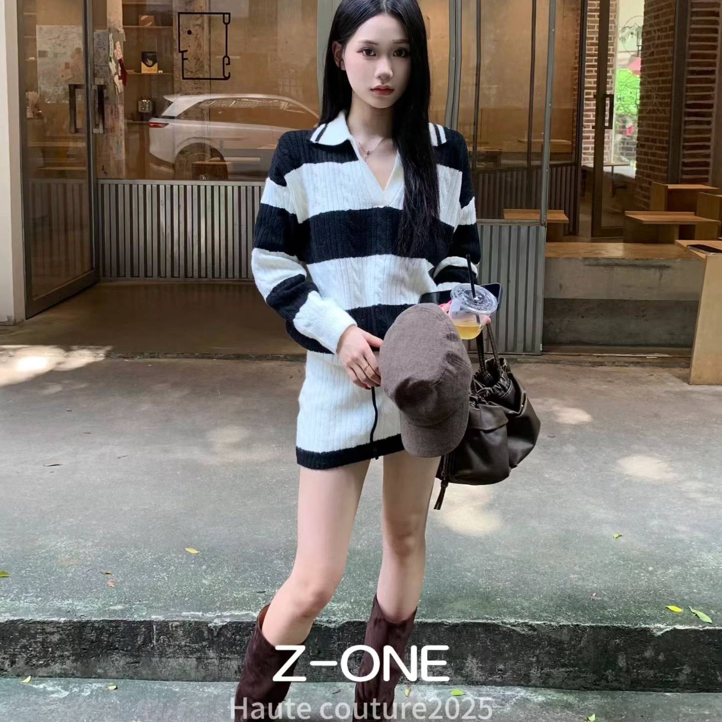 z-one十三行秋冬季撞色条纹显瘦翻领套头毛衣短裙针织两件套装女