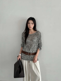 BEFORE SUNSET 日落十三行慵懒风圆领套头针织衫女秋冬季百搭上衣