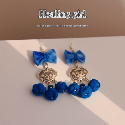 Healing girl民族风蓝色蝴蝶结复古民族文艺布艺耳饰银针耳环