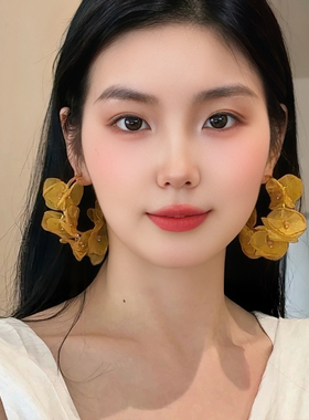 Healing girl法式复古网纱花朵耳环高级感夸张银针耳饰