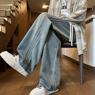 侧边三条杠牛仔裤男款春秋直筒宽松长裤潮牌痞帅美式男生裤子春款