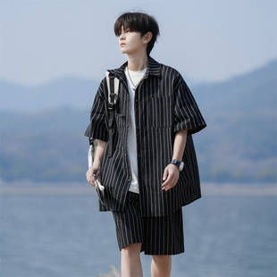 条纹短袖衬衫套装男款夏季宽松休闲短裤日系cityboy青少年两件套