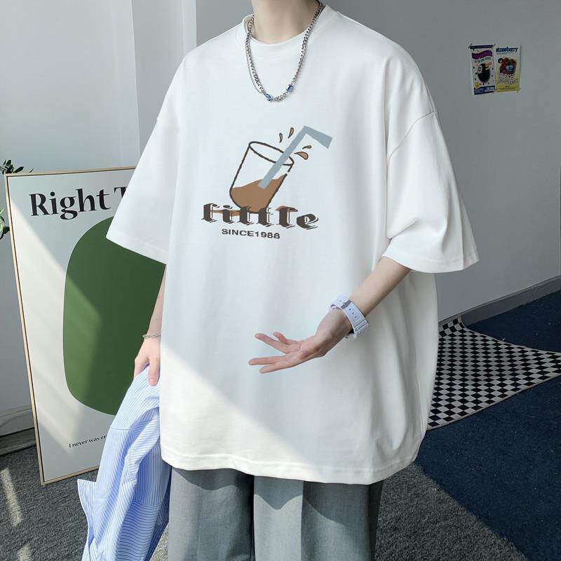 夏季新款小领口短袖男休闲时尚欧美潮牌t恤宽松港风七分袖百搭