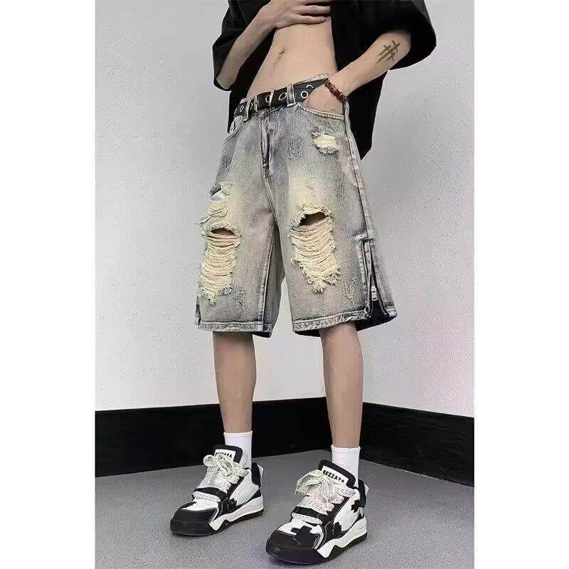 高级感美式高街破洞牛仔短裤男女款夏做旧水洗直筒宽松乞丐五分裤