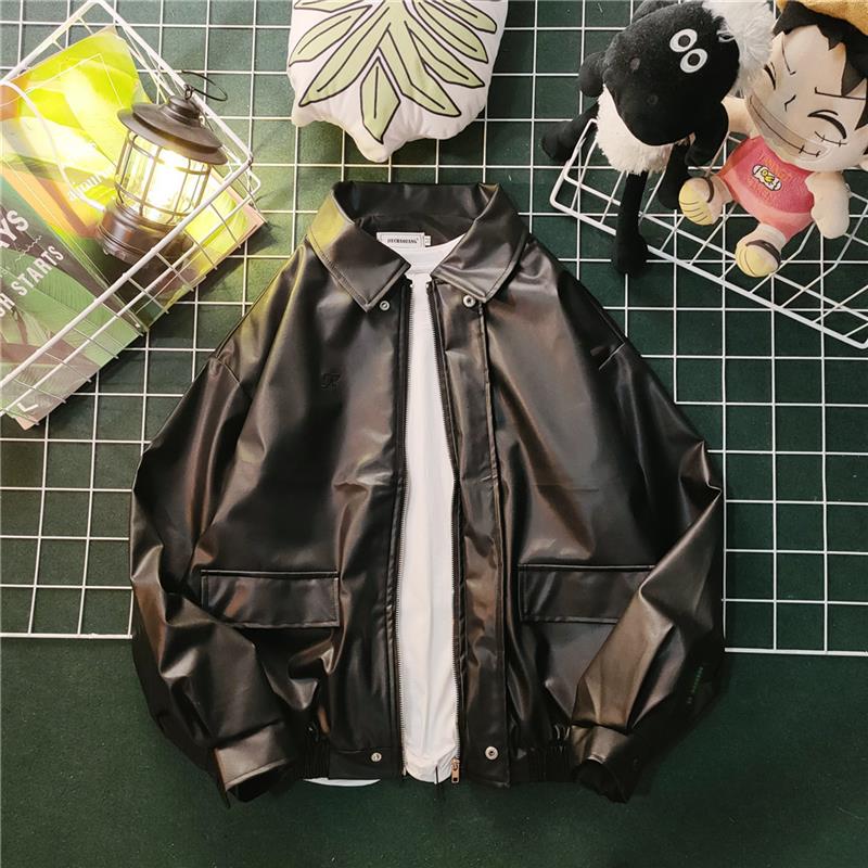 高级感纯色皮衣外套男秋冬季新款宽松PU皮夹克情侣美式复古机车服
