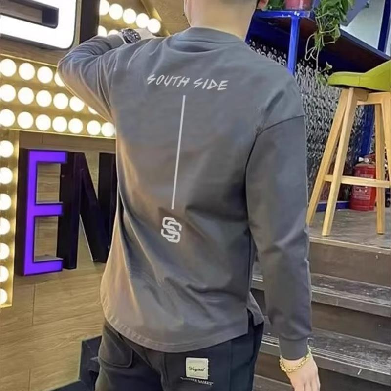 秋冬简约加绒圆领卫衣男时尚套头圆弧燕尾开叉上衣长袖T恤打底衫