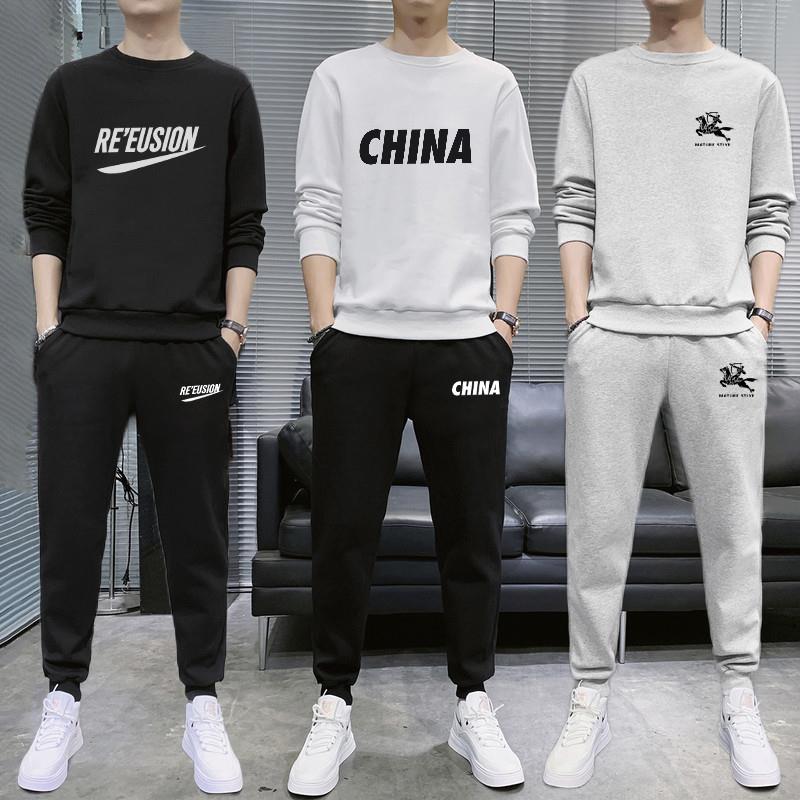 潮牌春秋季套装男士休闲套装薄款圆领卫衣男一套搭配跑步运动服装