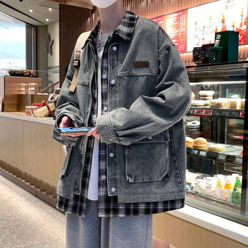 假两件拼接牛仔外套男士