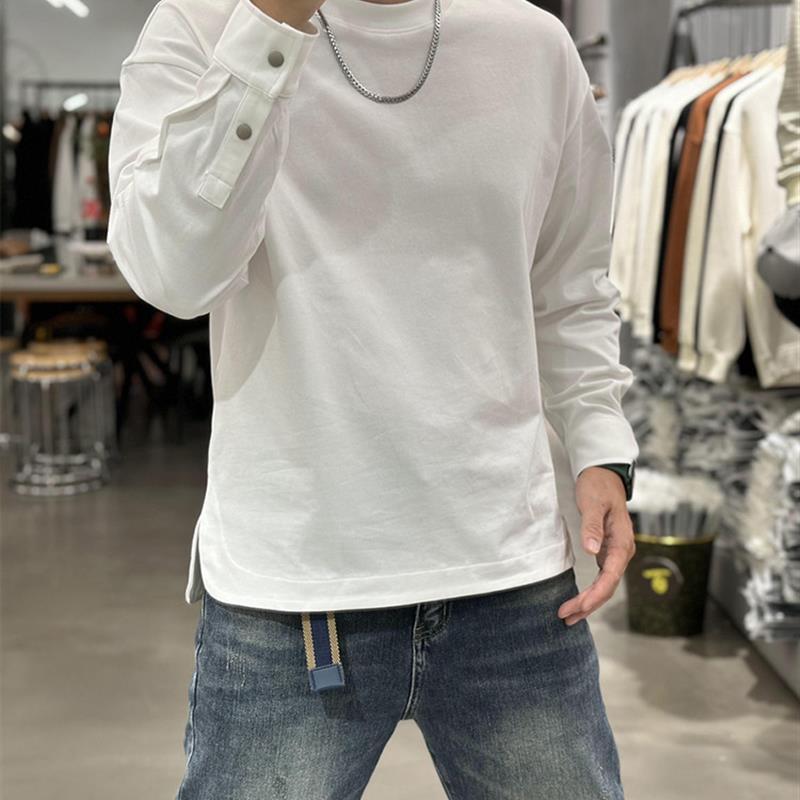 欧洲站秋冬纯色长袖t恤百搭款宽松休闲圆领打底衫袖口按扣卫衣男
