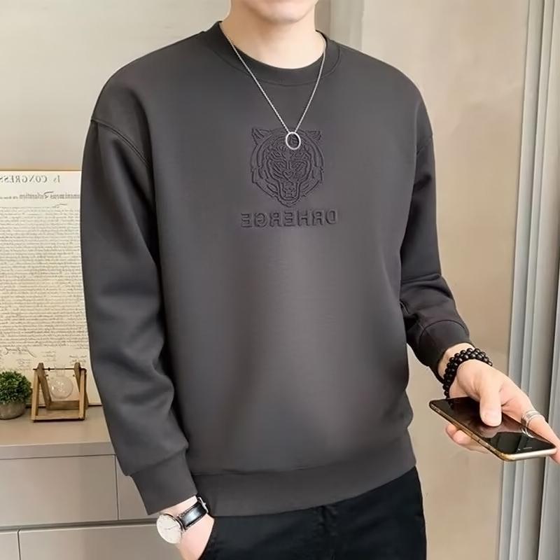 纯色立体印男士卫衣加绒保暖秋冬季新款潮流圆领宽松打底衫上衣服