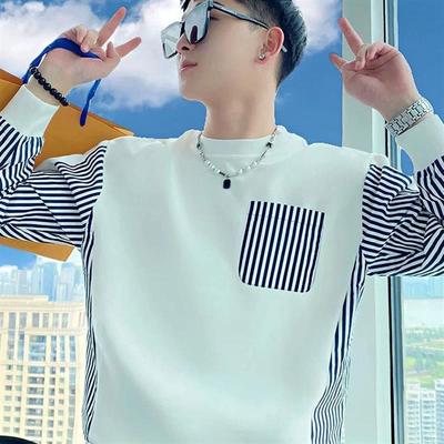 男士卫衣潮牌拼色纯棉T恤高级感秋冬新款长袖休闲百搭打底上衣服