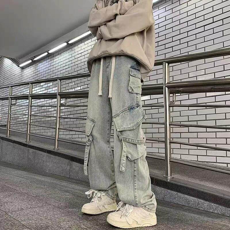 美式高街多口袋工装牛仔裤男款春秋夏季宽松直筒阔腿男生休闲裤子