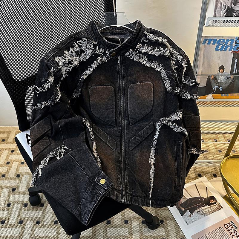 浮雕毛边垫肩牛仔外套男款春秋季复古美式痞帅上衣潮牌机车服夹克