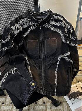 浮雕毛边垫肩牛仔外套男款春秋季复古美式痞帅上衣潮牌机车服夹克