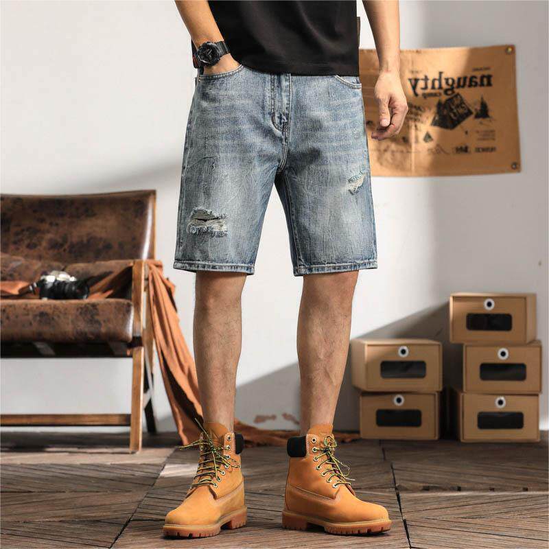 休闲时尚破洞牛仔短裤男潮牌宽松直筒五分裤潮流休闲百搭马裤夏季
