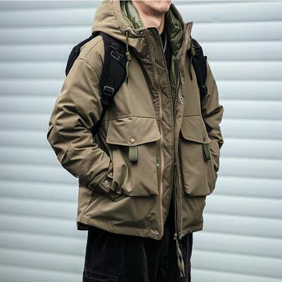 工装连帽棉衣外套男士冬季加绒加厚羽绒棉服男款面包服棉袄子夹克