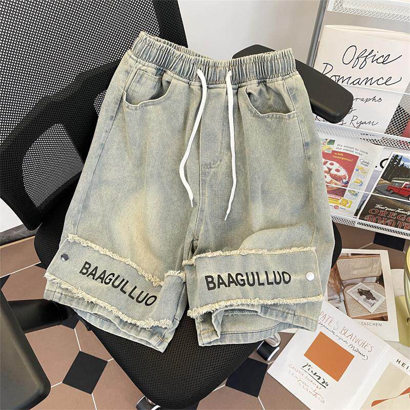 夏季新款水洗做旧牛仔短裤男美式高街复古宽松小众贴布五分阔腿裤