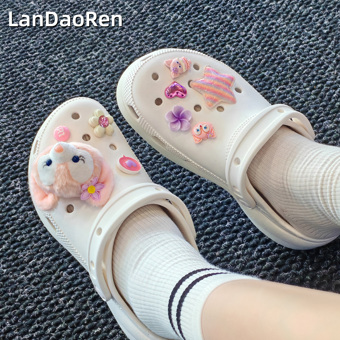 洞洞鞋花玲娜贝儿糖果鞋扣夏季少女心DIy毛绒娃娃厚底鞋韩版配饰