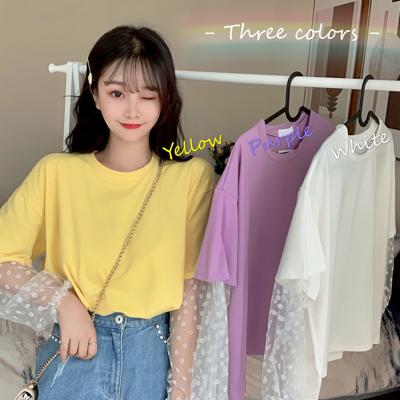 Real shot stitching design Daisy mesh loose long sleeve T-shirt for women