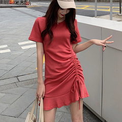Slim fit short sleeve small dress women's summer drawstring T-shirt skirt RUFFLE SKIRT NEW