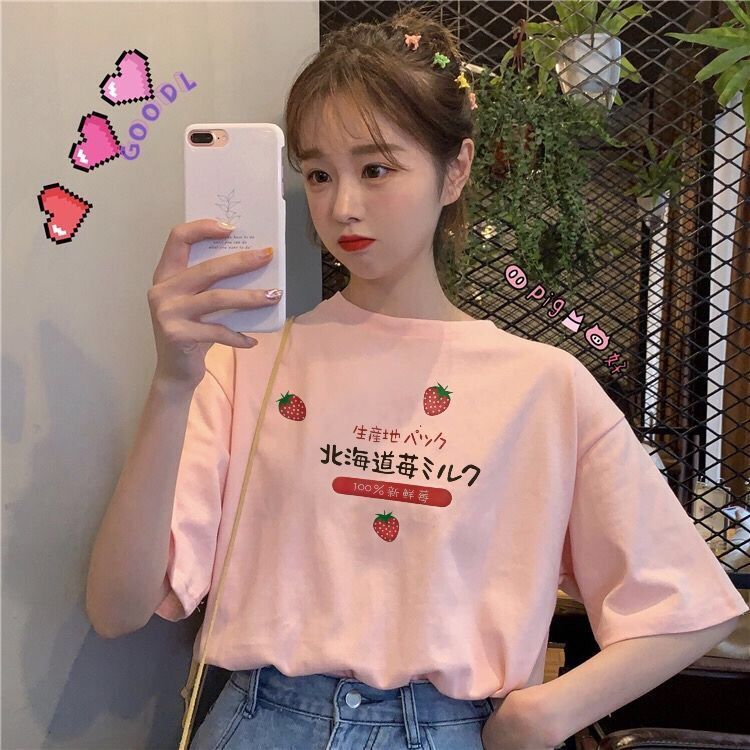 Spring and summer new strawberry short sleeve t-shirt female loose fitting student cute top college fashion bottom coat