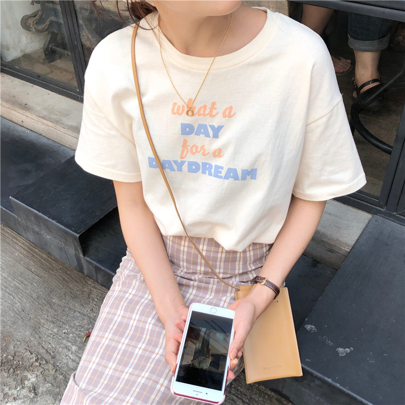 White Retro Hong Kong style letter short sleeve T-shirt women's fashion Korean student loose top