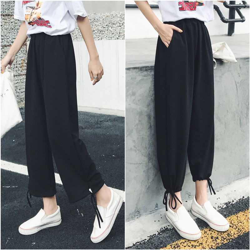 Harajuku style wide leg pants women's summer nine cent knickers autumn leisure straight necked sports Hong Kong style pants