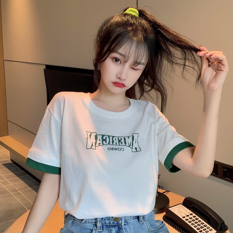 Cotton versatile student loose Korean top splicing short sleeve T-shirt for women