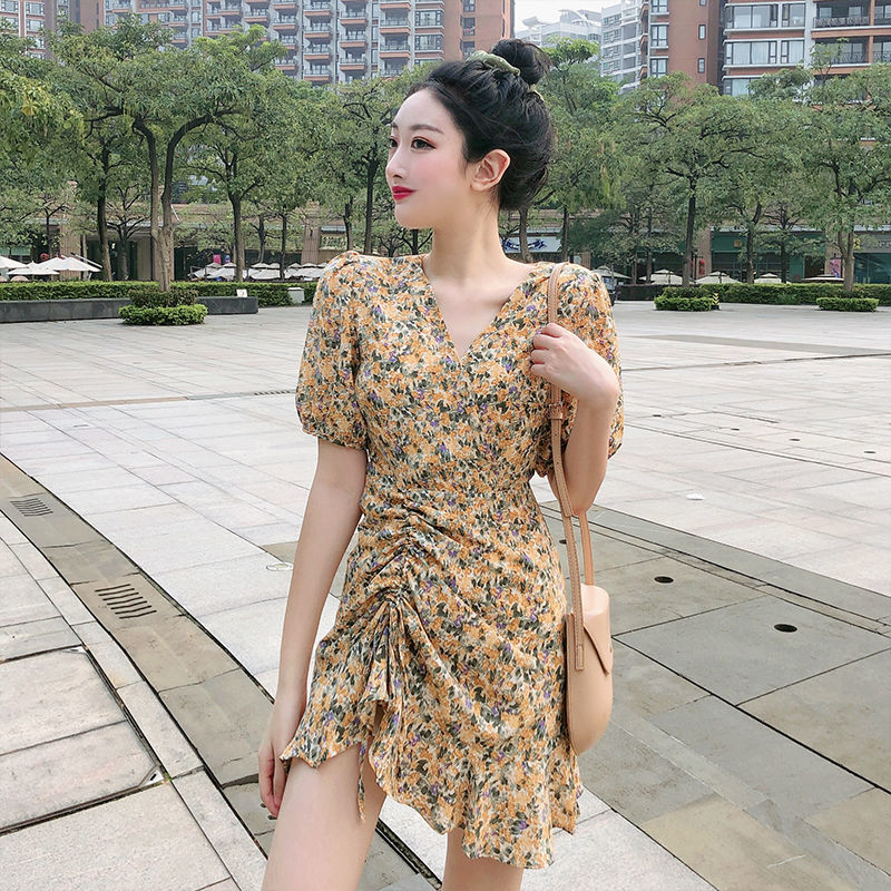 New French romantic drawstring Ruffle collar floral dress fashion sweet pastoral short skirt