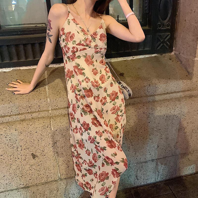 Spring and summer literature and art retro floral dress women's waist closed show thin French first love knee strap mid length skirt