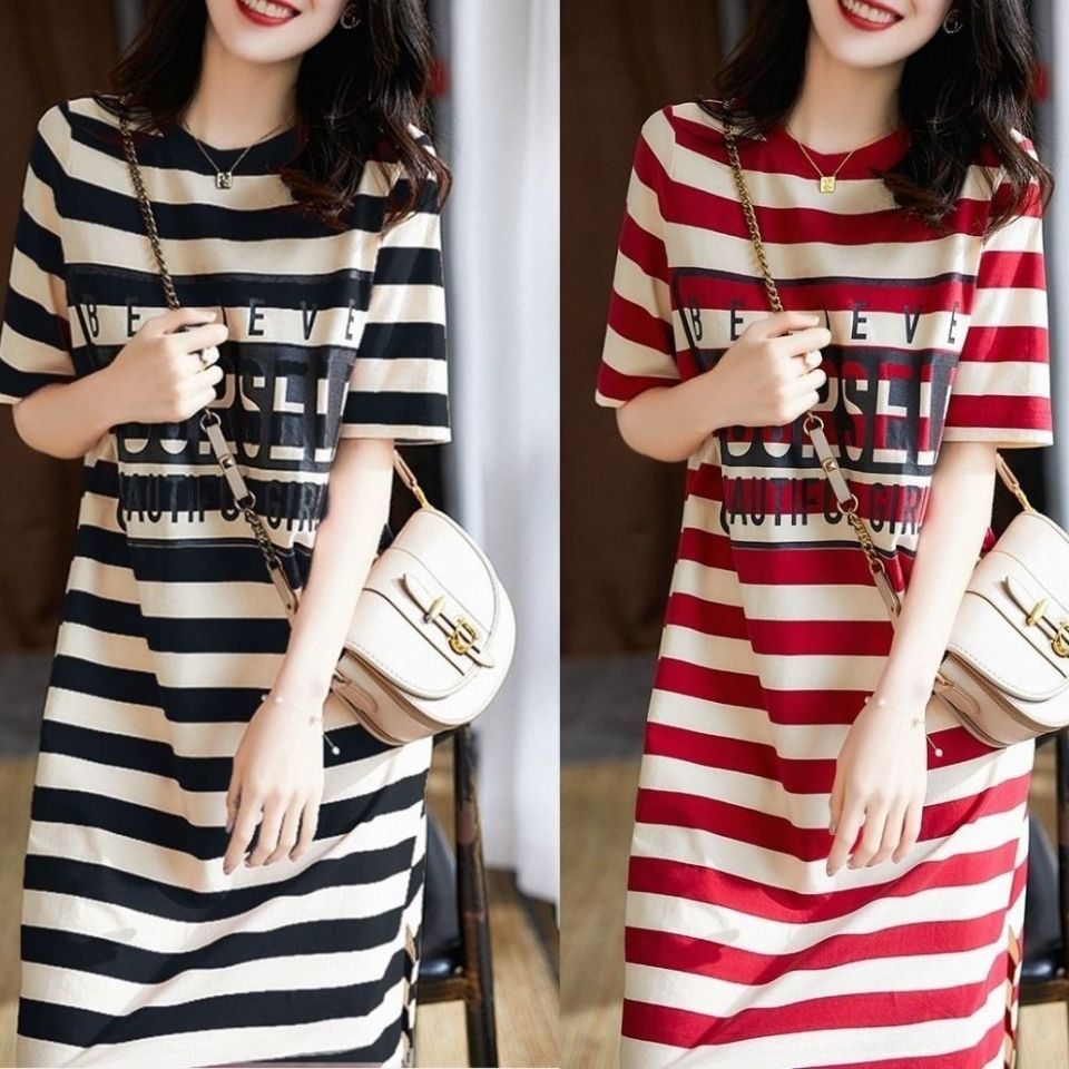 Summer loose and thin striped printed T-shirt dress for women's wear