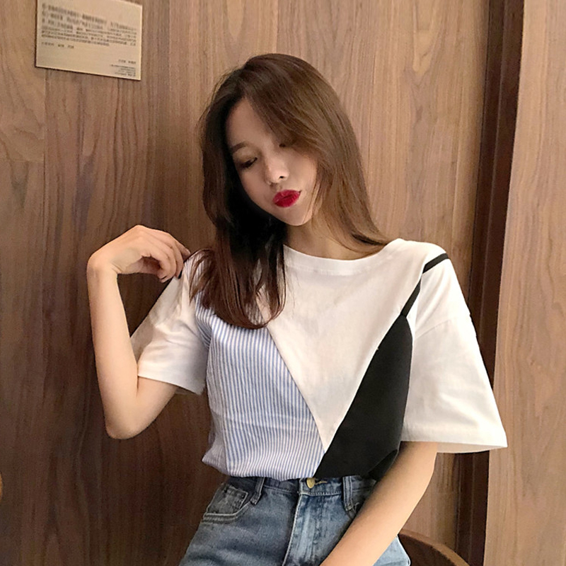 Official cotton T-shirt with Korean stripe design, loose and fake two-piece blouse