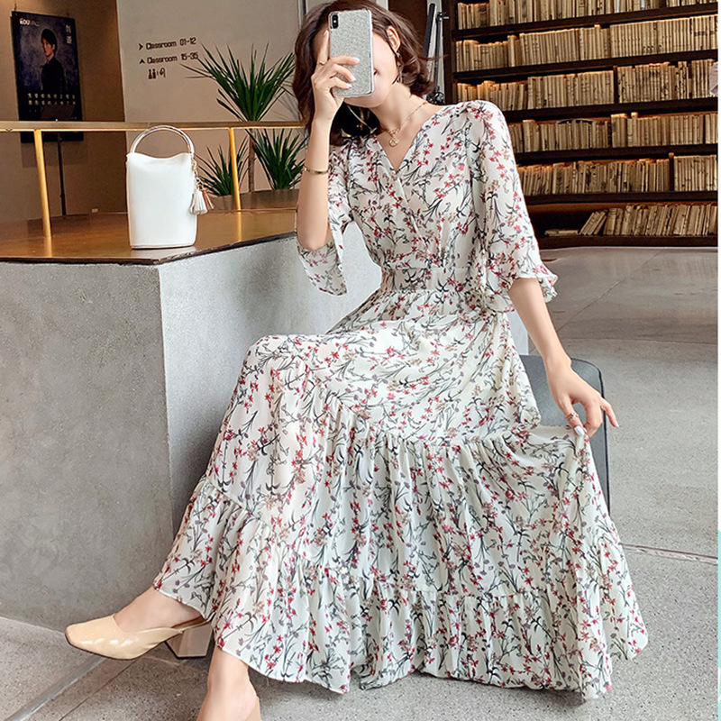 Dress women's summer dress new Floral Chiffon Black Knee Length Skirt collar skirt fairy super Sen series