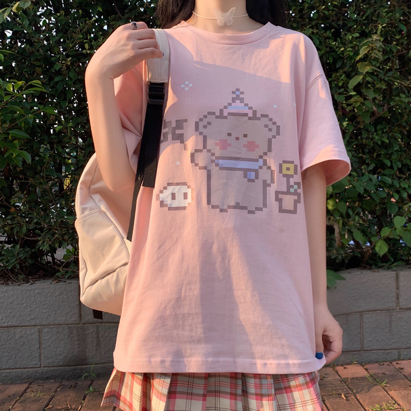 Summer new Korean loose student soft girl top Japanese cute sweet pink t-shirt short sleeve