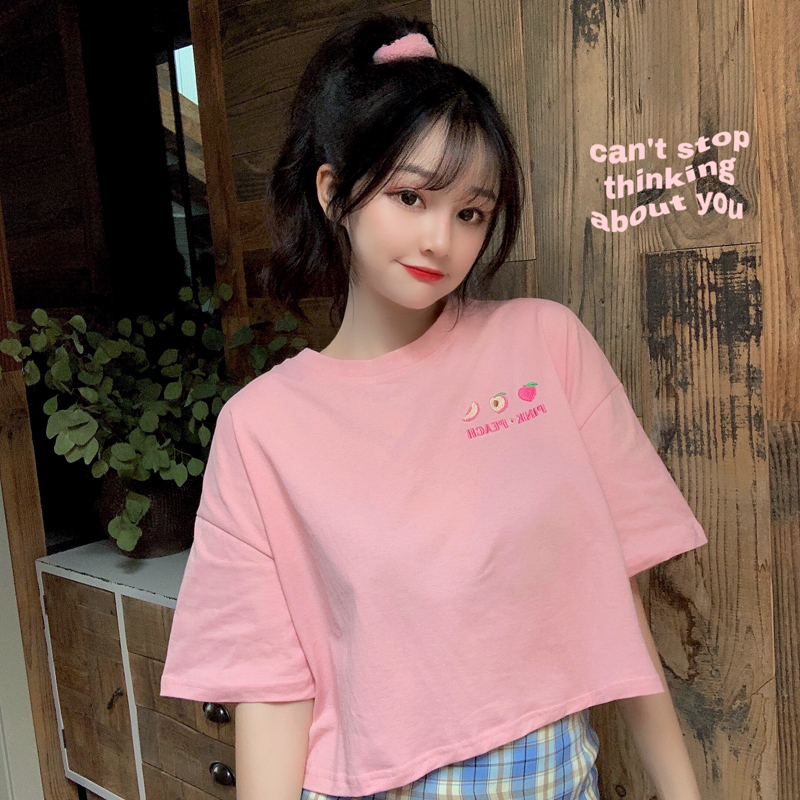 Cotton short sleeve T-shirt women's short embroidered top