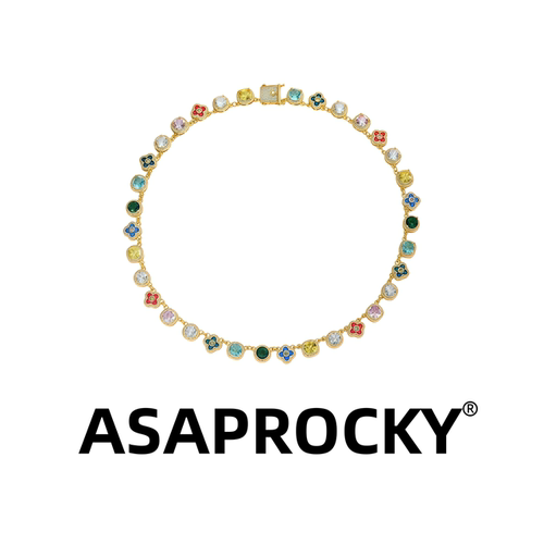 ASAPRocky彩色钻嘻哈四叶草项链