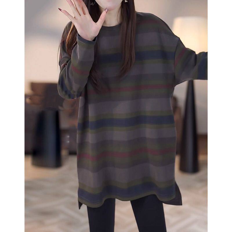 200斤大码圆领彩色条纹T恤打底衫