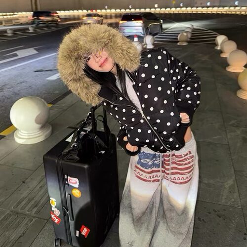 CGGA自制美式波点毛领短款连帽羽绒棉服男女冬季休闲百搭保暖外套