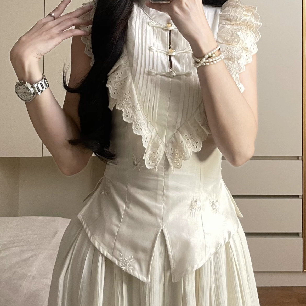 月橘新中式套装女夏季重工天丝刺绣蕾丝衬衫开叉阔腿长裤裙两件套