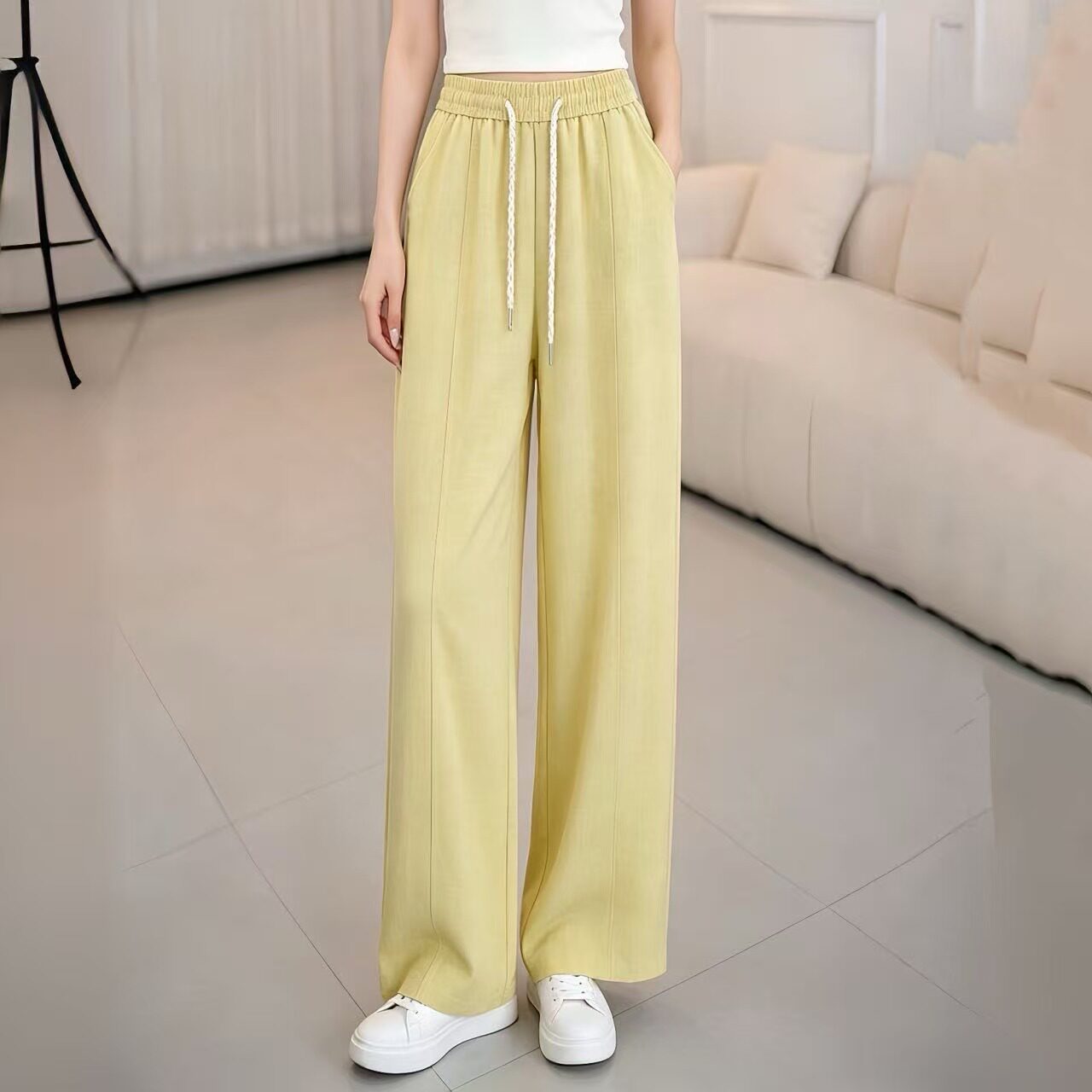 苎麻高腰百搭夏季新款重磅新款抽绳休闲女裤2617