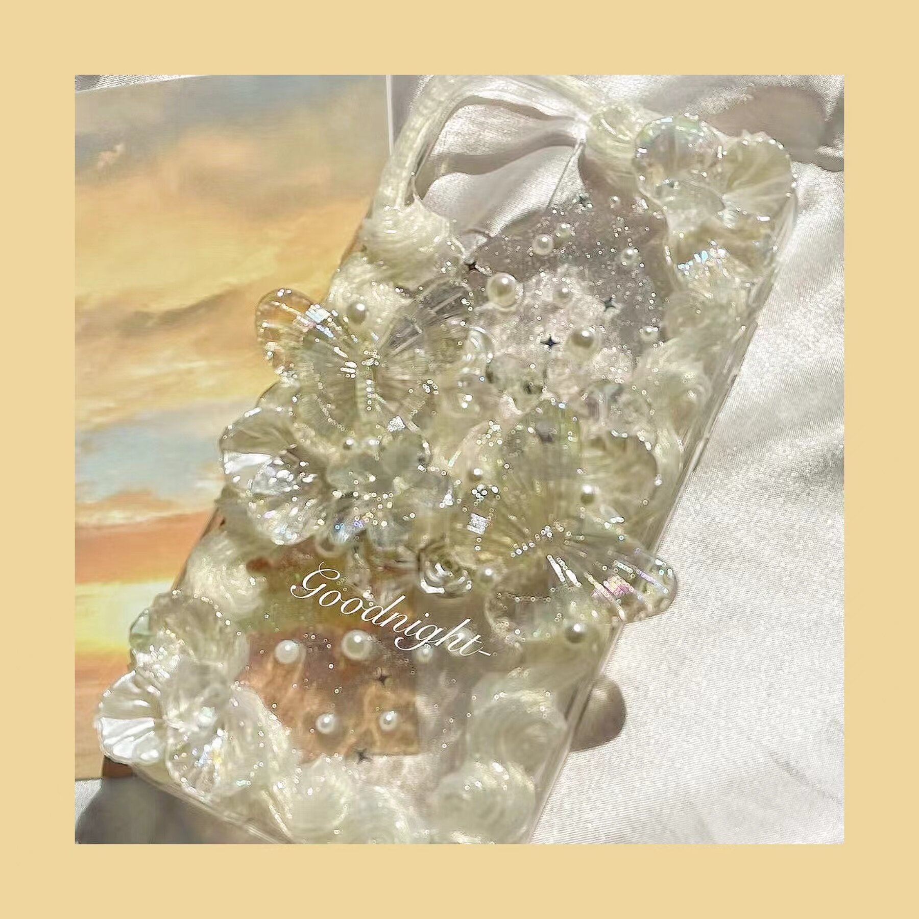 晚安手作原创偏光碎金蝴蝶巴洛克花朵珠光奶油胶手机壳材料包送友